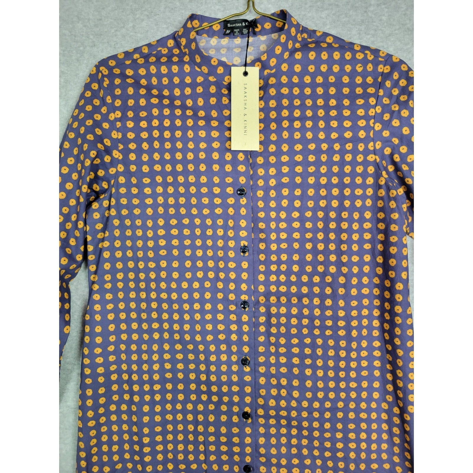 Saaksha & Kinni Indigo Gold Polka Dot Mandarin Collar Button Down Shirt Blouse S — image 2 of 8